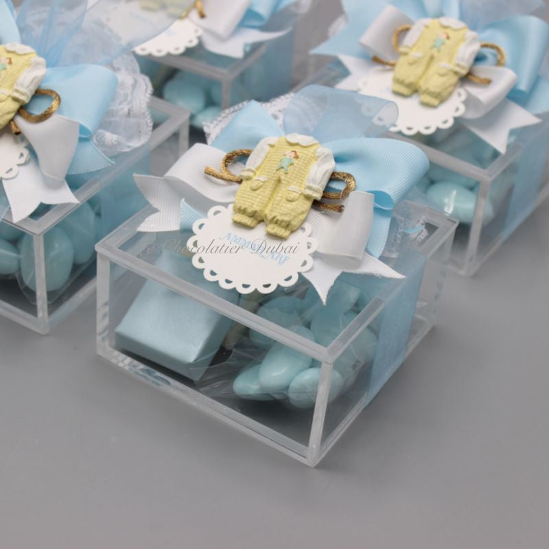 BABY BOY DECORATED CHOCOLATE & ALMOND DRAGEES ACRYLIC BOX