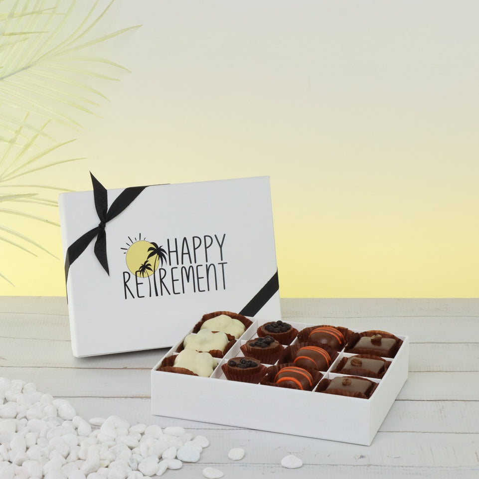 "HAPPY RETIREMENT" DESIGNED 12-PIECE CHOCOLATE HARD BOX