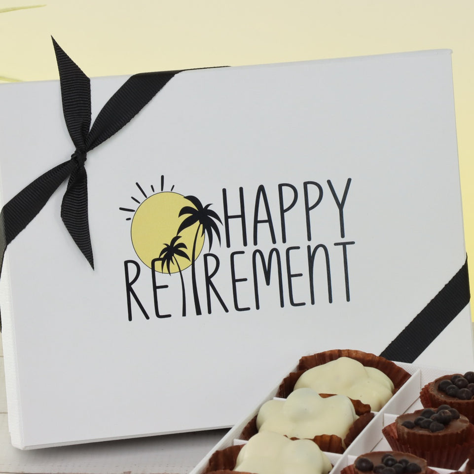 "HAPPY RETIREMENT" DESIGNED 12-PIECE CHOCOLATE HARD BOX