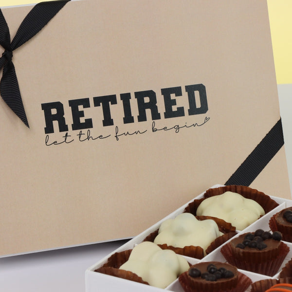 "Let the fun begin" retirement 12-piece premium chocolate hard box