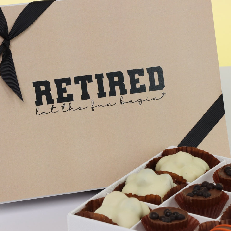 "LET THE FUN BEGIN" RETIREMENT 12-PIECE CHOCOLATE HARD BOX