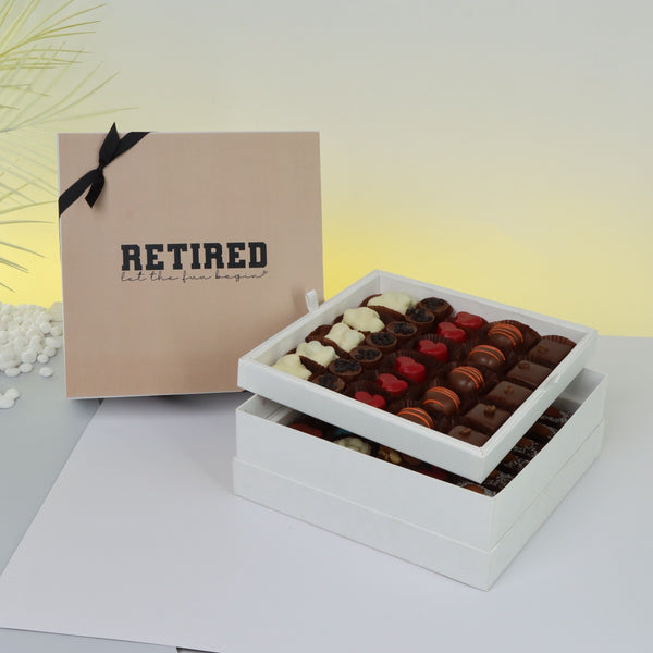 "Let the fun begin" retirement 2-layer premium chocolate hard box