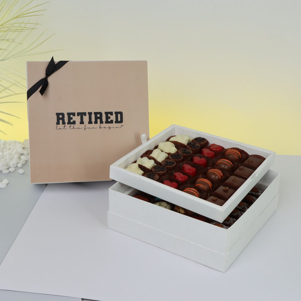 "LET THE FUN BEGIN" RETIREMENT 2-LAYER CHOCOLATE HARD BOX