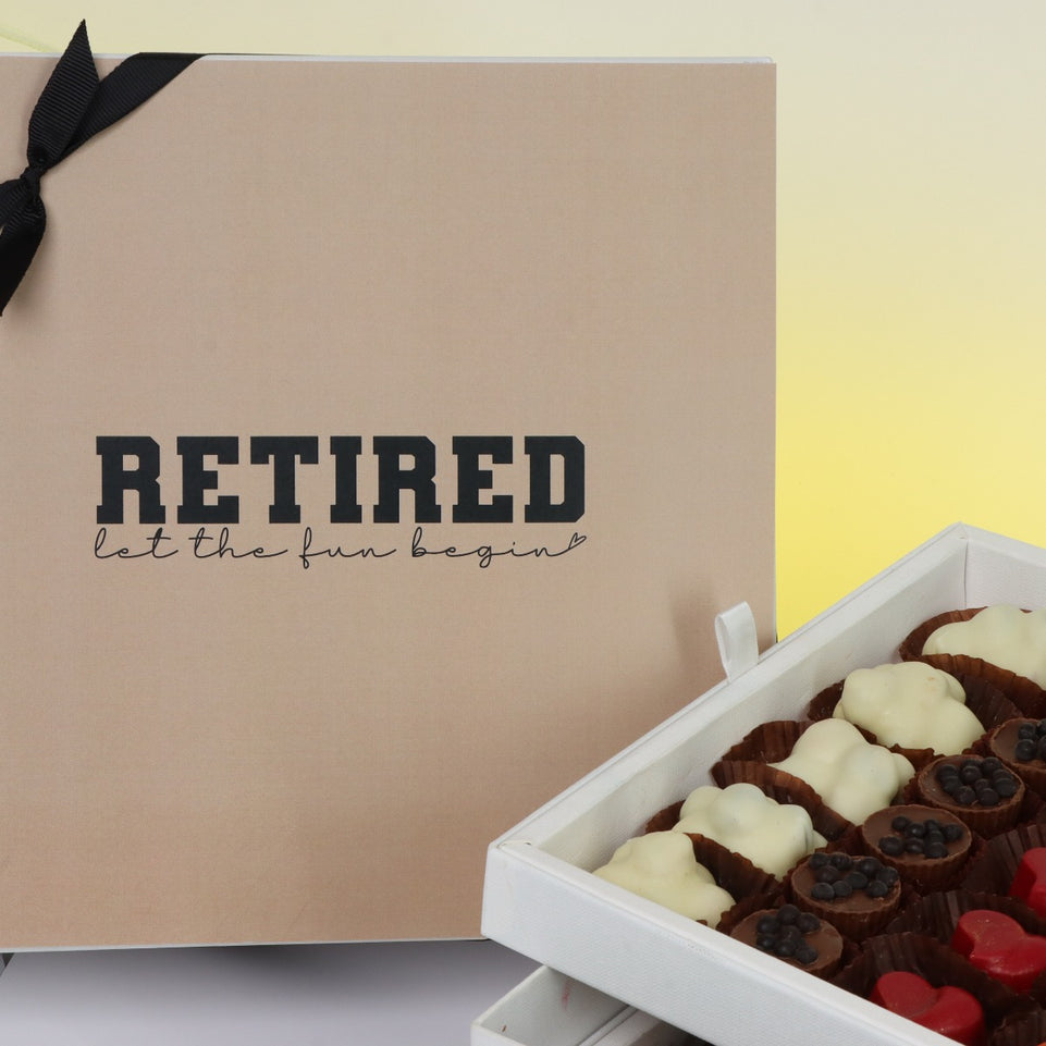 "LET THE FUN BEGIN" RETIREMENT 2-LAYER CHOCOLATE HARD BOX