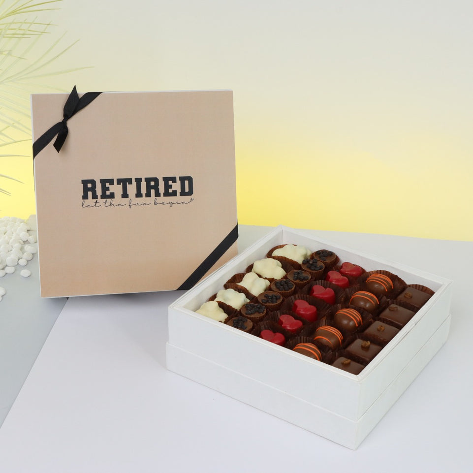 "LET THE FUN BEGIN" RETIREMENT PREMIUM CHOCOLATE HARD BOX