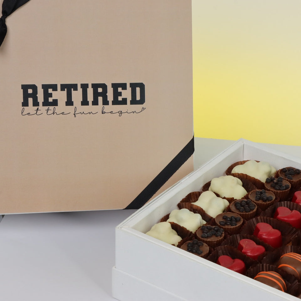 "LET THE FUN BEGIN" RETIREMENT PREMIUM CHOCOLATE HARD BOX