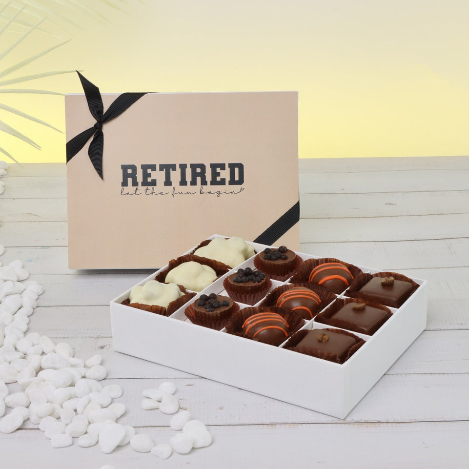 "LET THE FUN BEGIN" RETIREMENT 12-PIECE CHOCOLATE HARD BOX