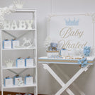 Baby boy carousel horse theme decorated chocolate wood stand with personalized backdrop