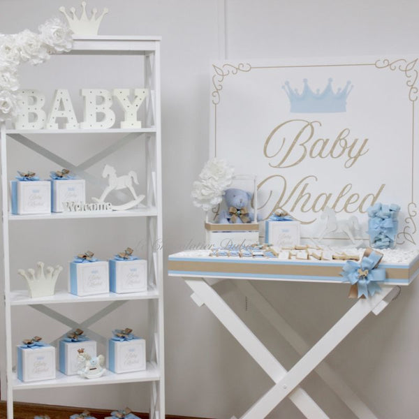 Baby boy carousel horse theme decorated chocolate wood stand with personalized backdrop