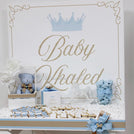 Baby boy carousel horse theme decorated chocolate wood stand with personalized backdrop