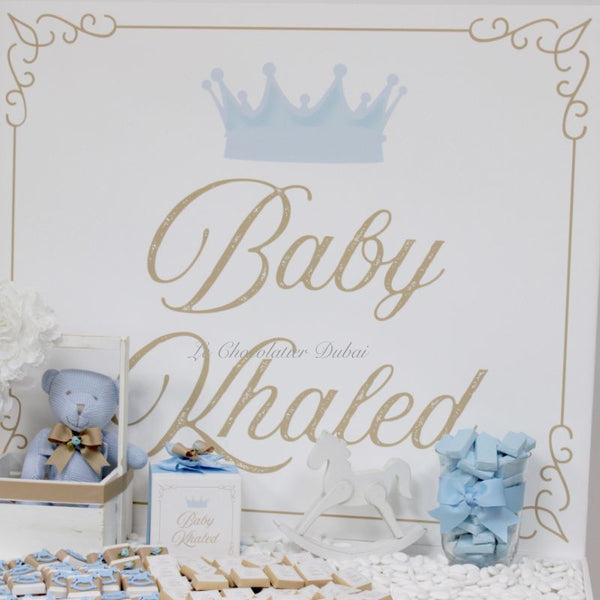 Baby boy carousel horse theme decorated chocolate wood stand with personalized backdrop