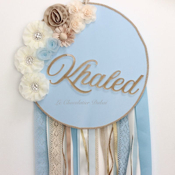 Baby boy carousel horse theme decorated chocolate wood stand with personalized backdrop