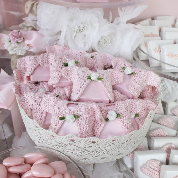 Baby angel personalized crochet decorated chocolate wood stand with personalized backdrop.