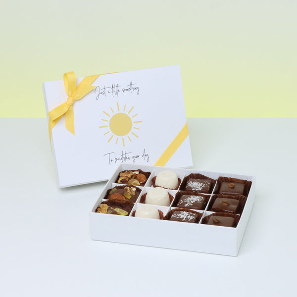 "Brighten your day" sun streak designed chocolate 12-piece premium chocolate hard box