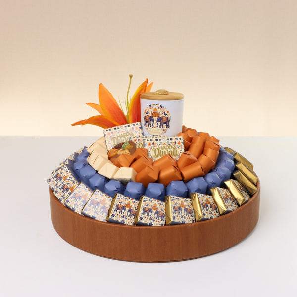 Happy diwali majestic elephant designed premium chocolate round leather tray