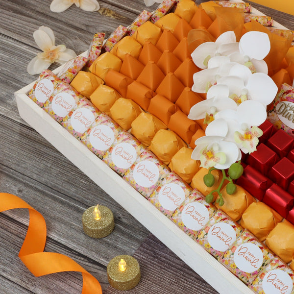 Happy diwali floral decorated premium chocolate large leather tray
