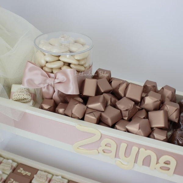 Baby girl personalized acrylic name & crochet decorated chocolate wood tray