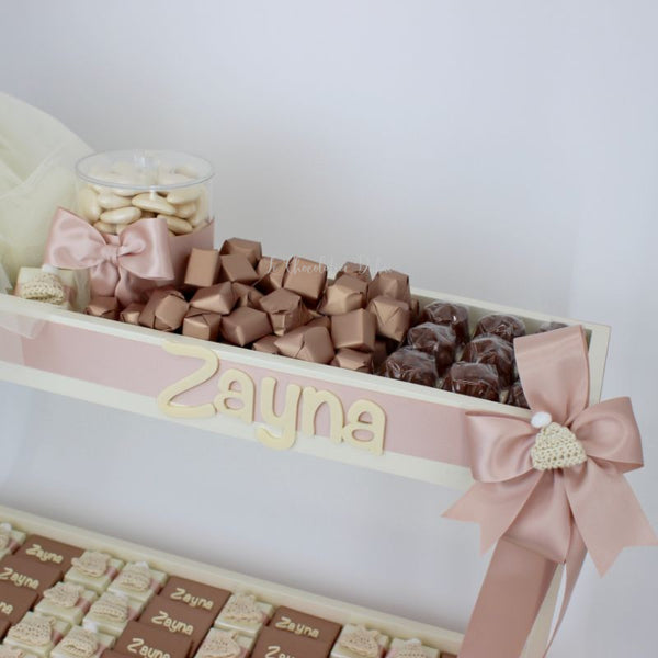 Baby girl personalized acrylic name & crochet decorated chocolate wood tray