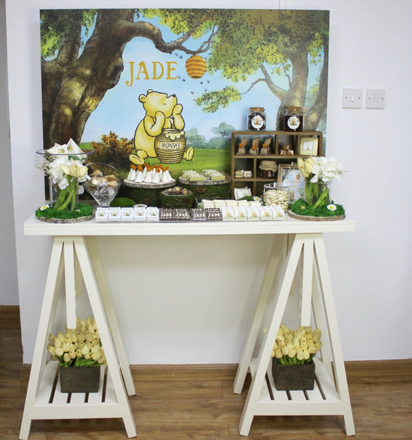 Baby boy "winnie the pooh" theme chocolate wood stand for rent.