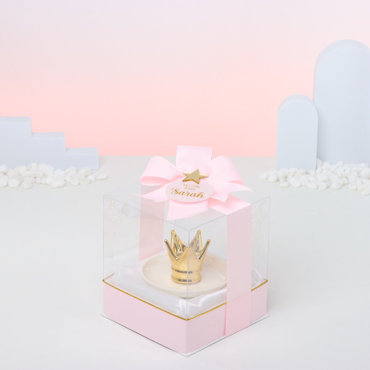 Set of 20 Welcome baby personalized ceramic crown holder clear box