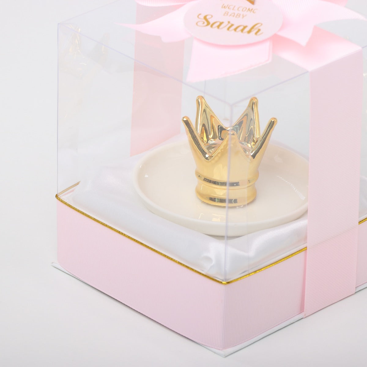 Set of 20 Welcome baby personalized ceramic crown holder clear box