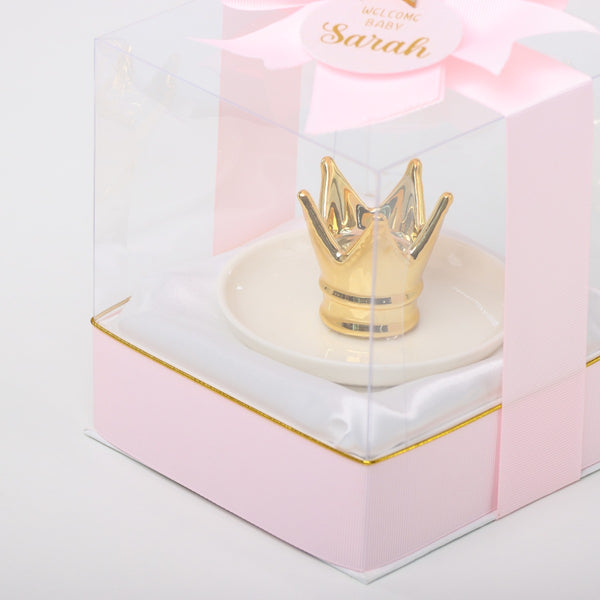 Set of 20 Welcome baby personalized ceramic crown holder clear box
