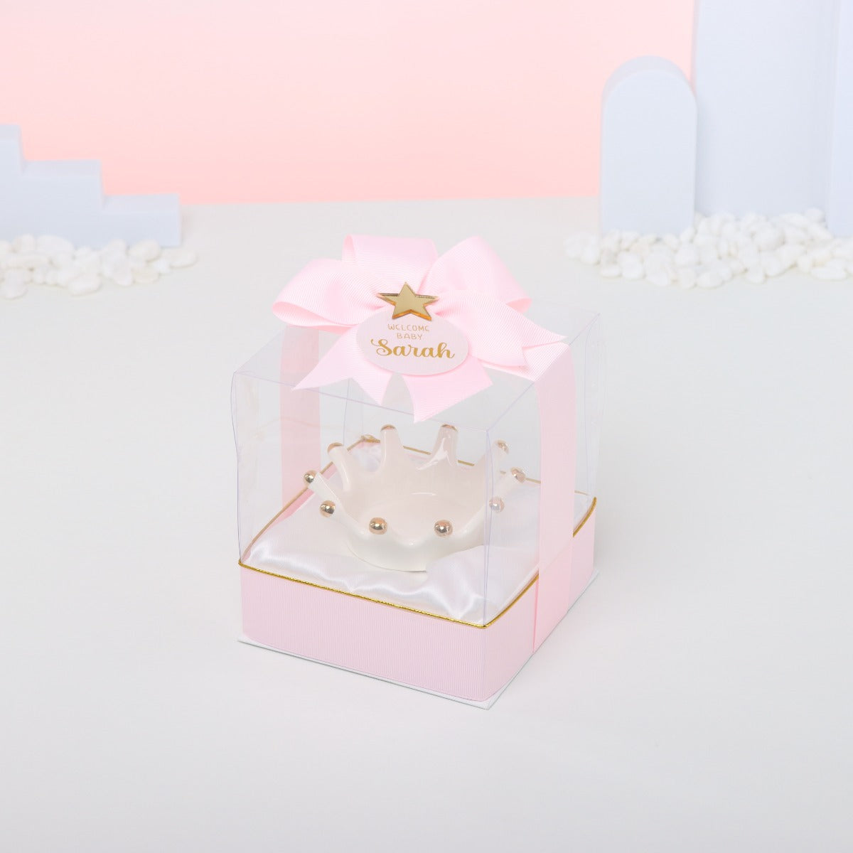 Set of 20 Welcome baby personalized ceramic crown holder clear box