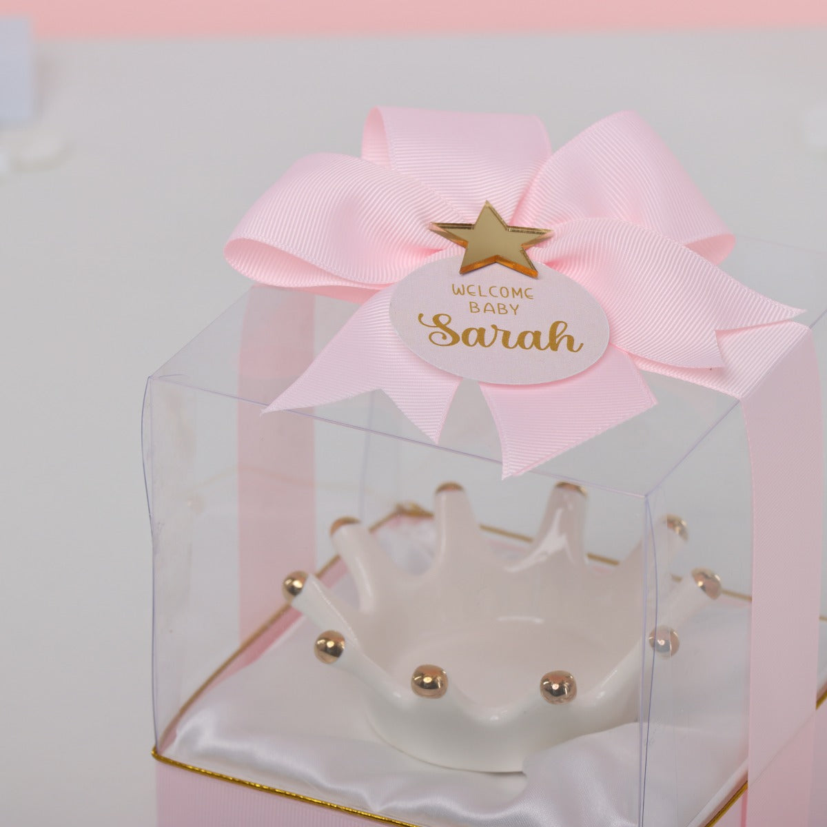 Set of 20 Welcome baby personalized ceramic crown holder clear box