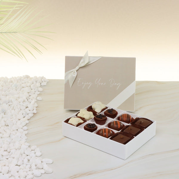 Enjoy your day minimalist designed 12-piece premium chocolate hard box