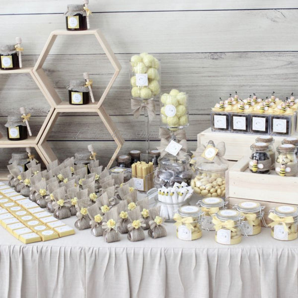 Luxury rustic honey bee theme decorated chocolate & giveaway dessert table