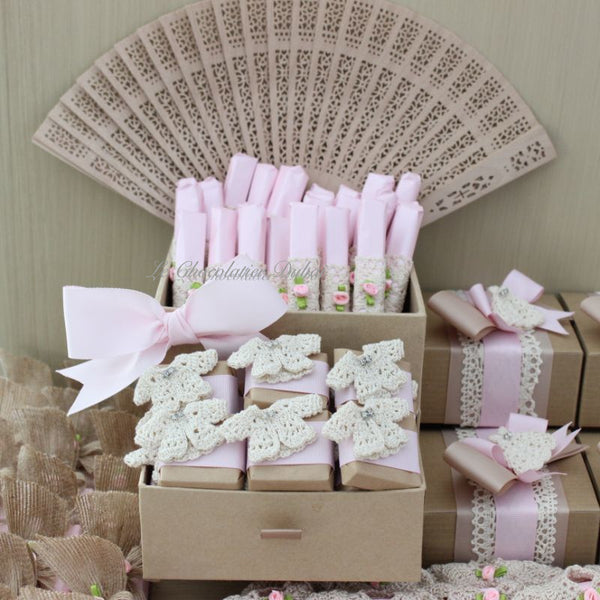 Baby rustic theme crochet decorated chocolate wood stand with customized backdrop.