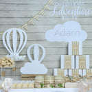 Baby boy rustic hot air balloon theme decorated chocolate arrangement stand for rent
