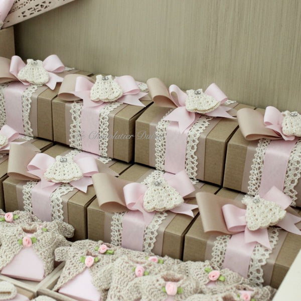 Set of 20 Baby crochet dress decorated chocolate kraft box