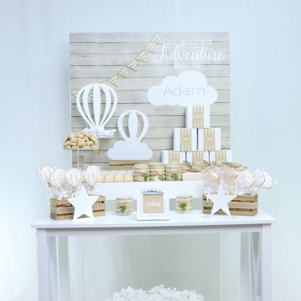 Baby boy rustic hot air balloon theme decorated chocolate arrangement stand for rent