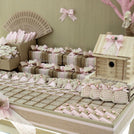 Baby rustic theme crochet decorated chocolate wood stand with customized backdrop.