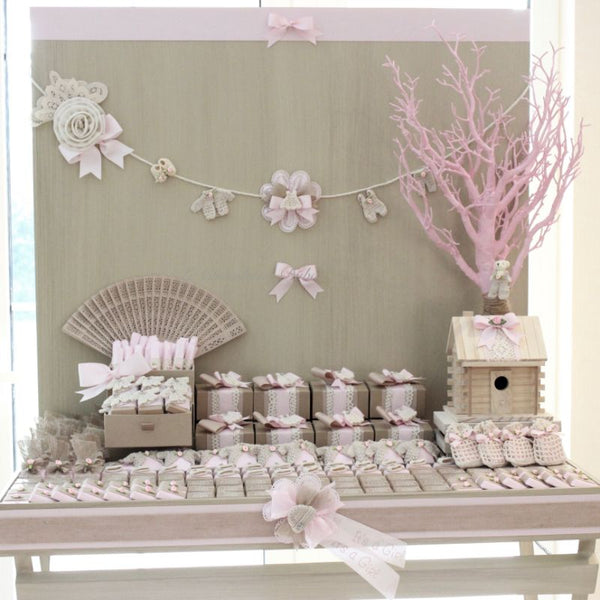 Baby rustic theme crochet decorated chocolate wood stand with customized backdrop.