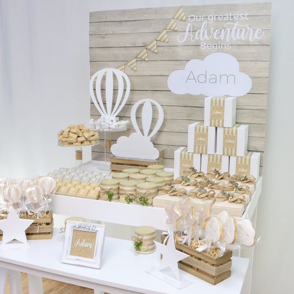 Baby boy rustic hot air balloon theme decorated chocolate arrangement stand for rent