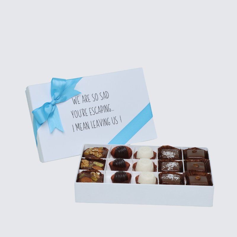 " We're so sad you're escaping" work message 15 - piece chocolate hard box