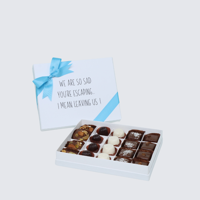 " We're so sad you're escaping" work message 20 - piece chocolate hard box