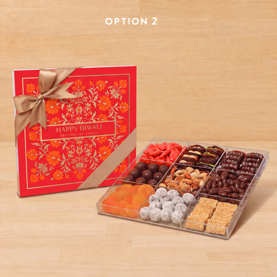 Happy Diwali festival of lights festive design premium chocolate and sweets gift acrylic box