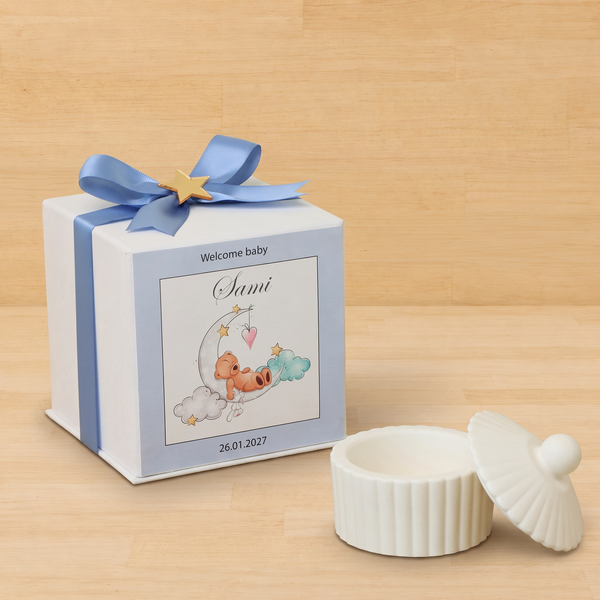 Set of 20 boxes baby boy ribbed umbrella ceramic trinket with shoe crochet in hard box giveaway