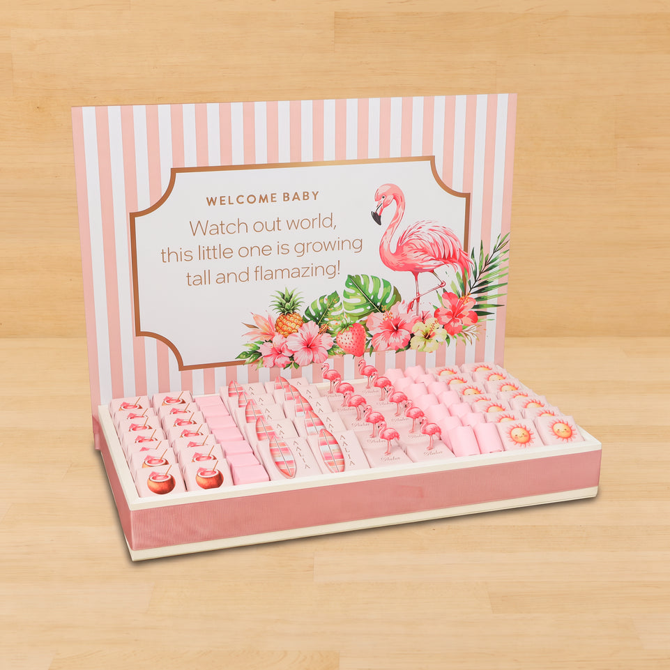 Baby girl flamingo theme with acrylic backdrop premium chocolate medium leather tray