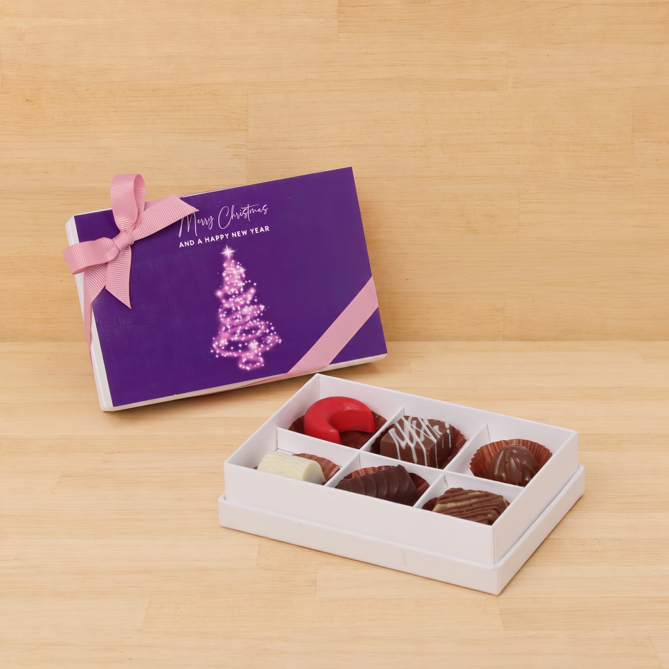 Set of 8 Merry Christmas & happy new year magical tree designed premium chocolate 6 piece hard box