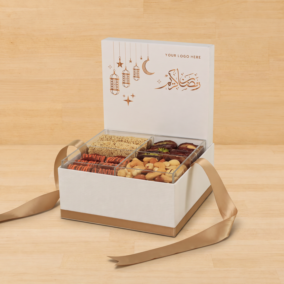 Corporate customized ramadan designed premium chocolate & dates, nuts medium hamper