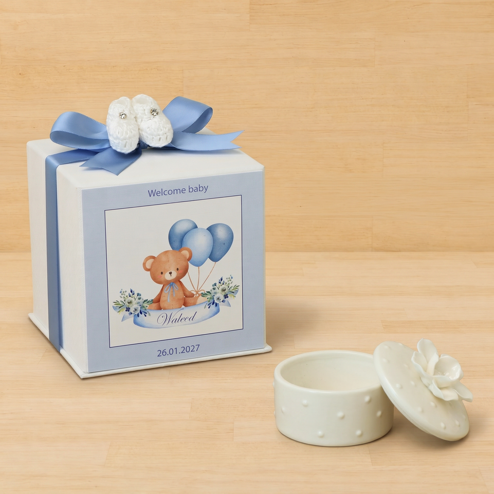 Set of 20 boxes baby boy white rose flower trinket with crochet boots in hard box giveaway