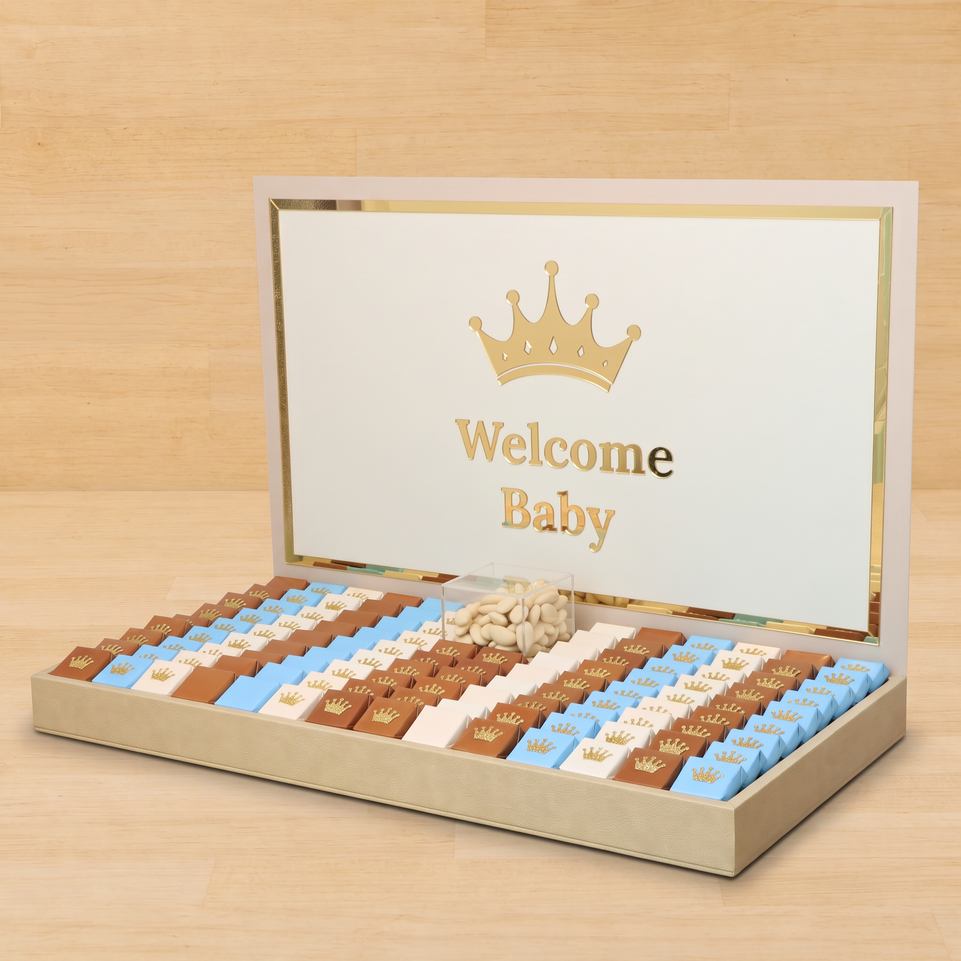 Baby boy crown decorated premium chocolate large leather tray with acrylic backdrop