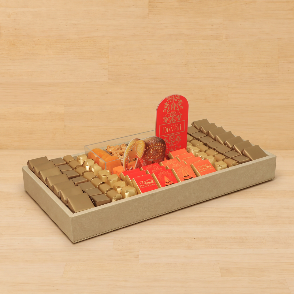 Happy Diwali with acrylic elephant decorated chocolate & sweets medium leather tray