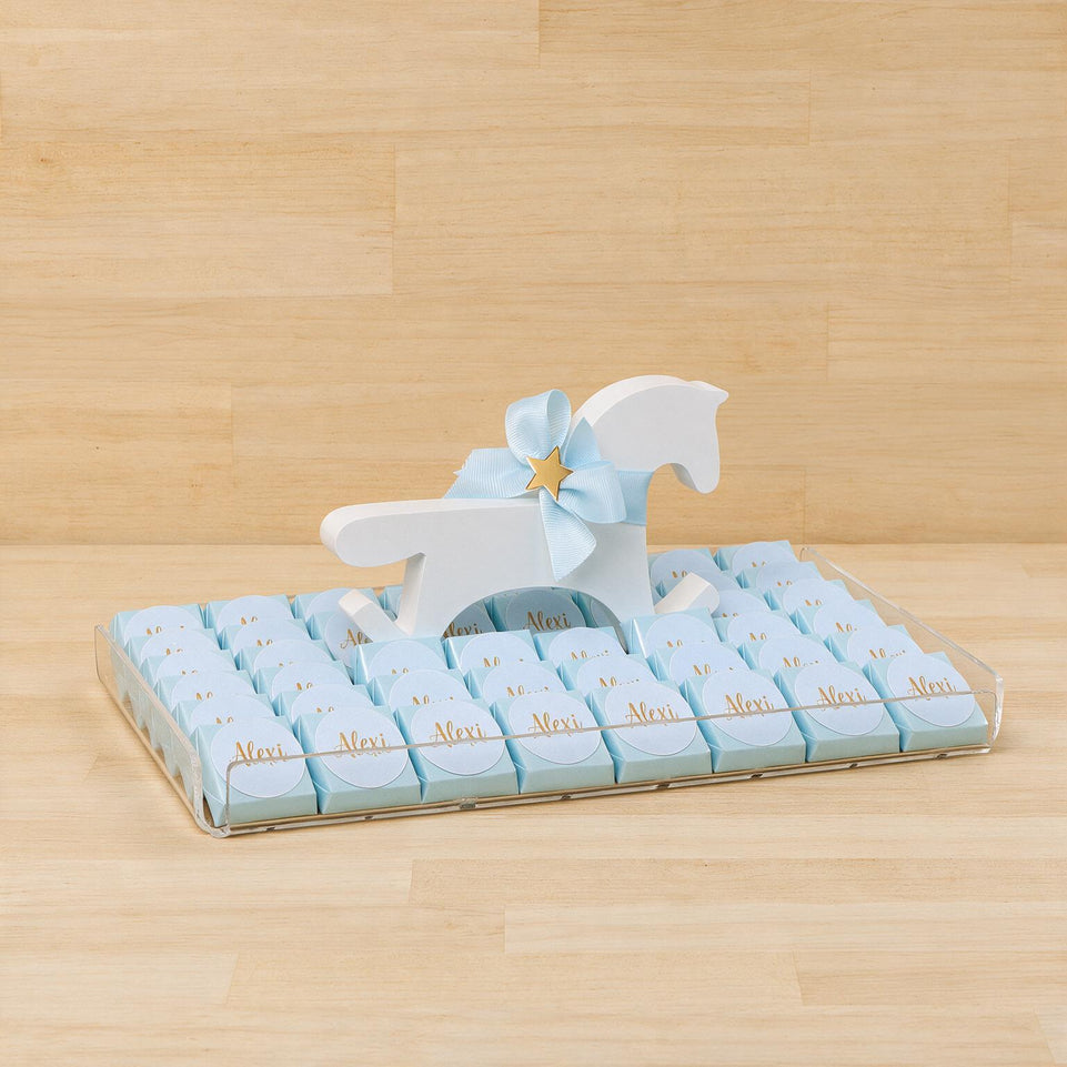 Customized baby boy chocolate medium acrylic tray with a wooden horse design