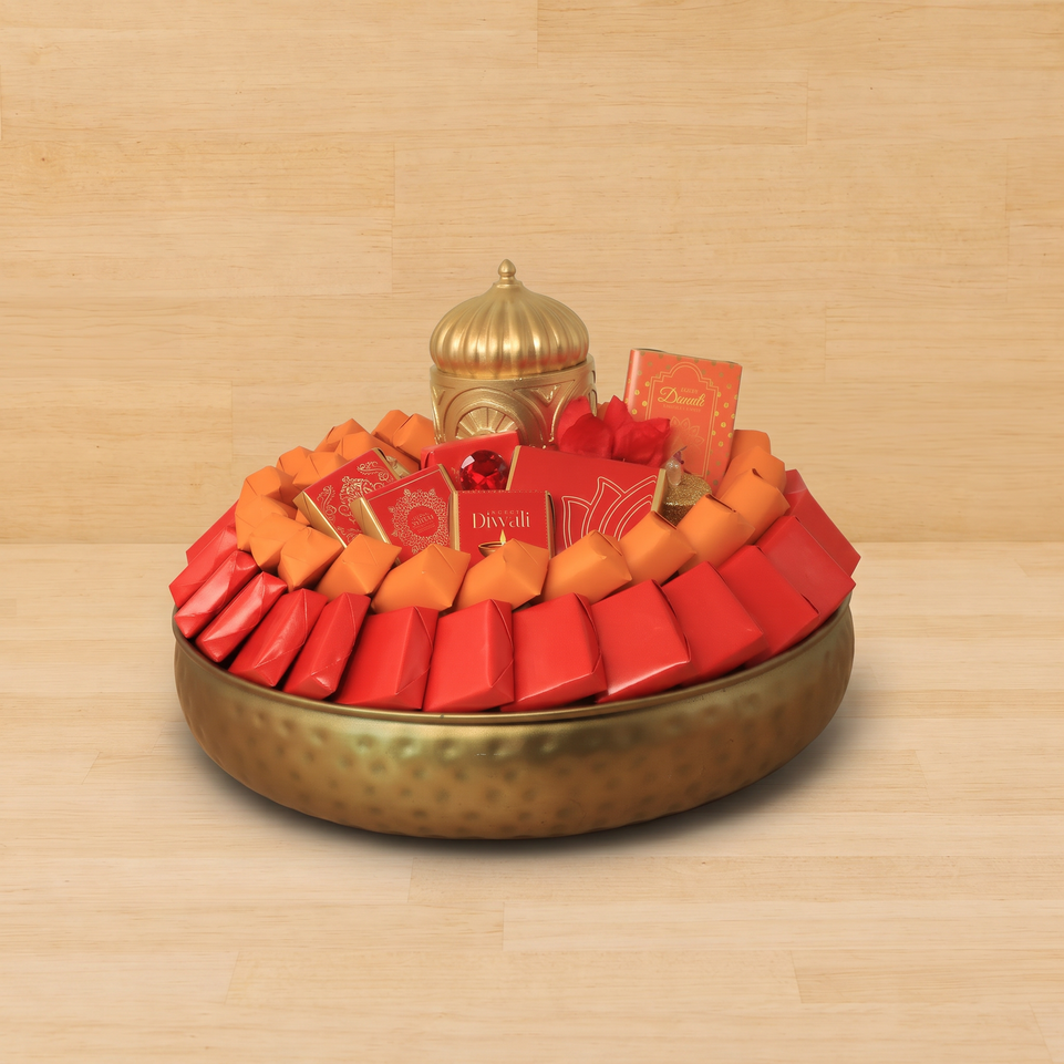Happy Diwali Mosque candle designed with premium chocolate round metal tray
