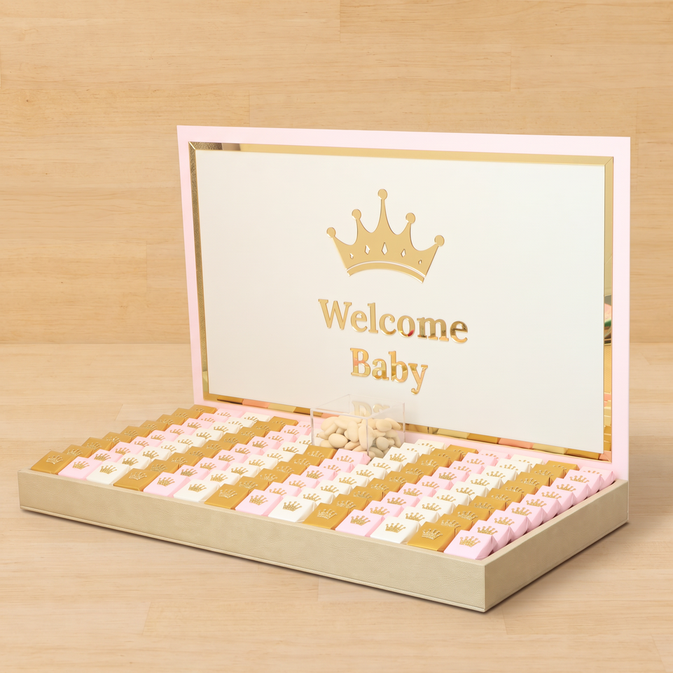 Baby girl crown decorated premium chocolate large leather tray with acrylic backdrop